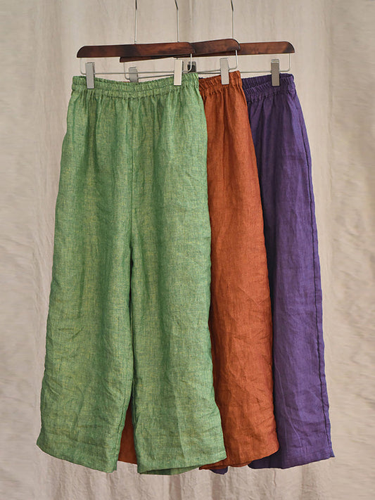 Women Summer 100% Linen  Pure Color Straight Pants