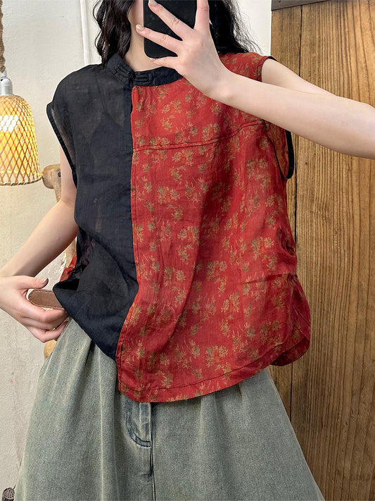 Women Summer Vintage Flower Spliced O-Neck Ramie Shirt