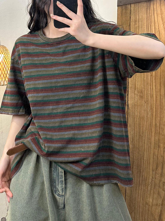 Women Summer Casual Stripe Cotton Pullover Shirt