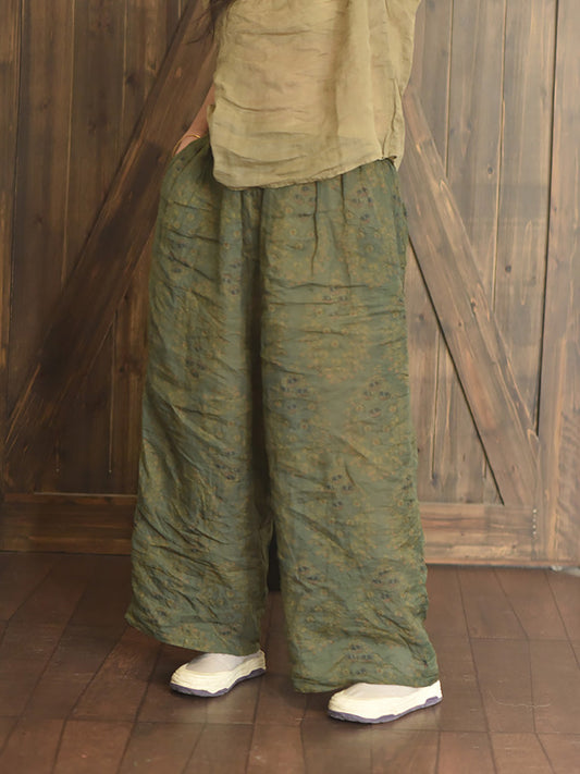 Women Summer Vintage Print Ramie Wide-leg Pants