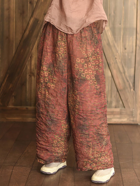 Women Summer Vintage Print Ramie Wide-leg Pants