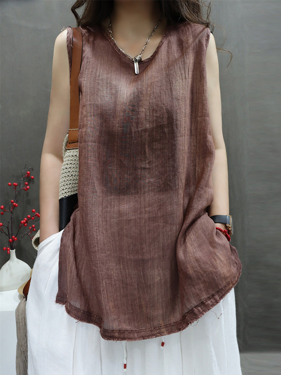 Women Casual Solid Summer Thin Ramie Vest