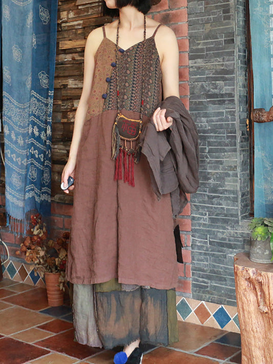 Women Vintage Print Print Spliced Linen Vest Dress