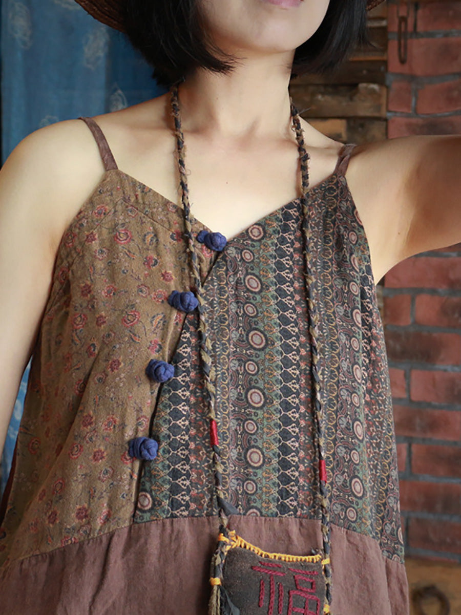 Women Vintage Print Print Spliced Linen Vest Dress