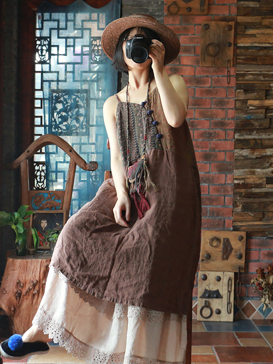 Women Vintage Print Print Spliced Linen Vest Dress