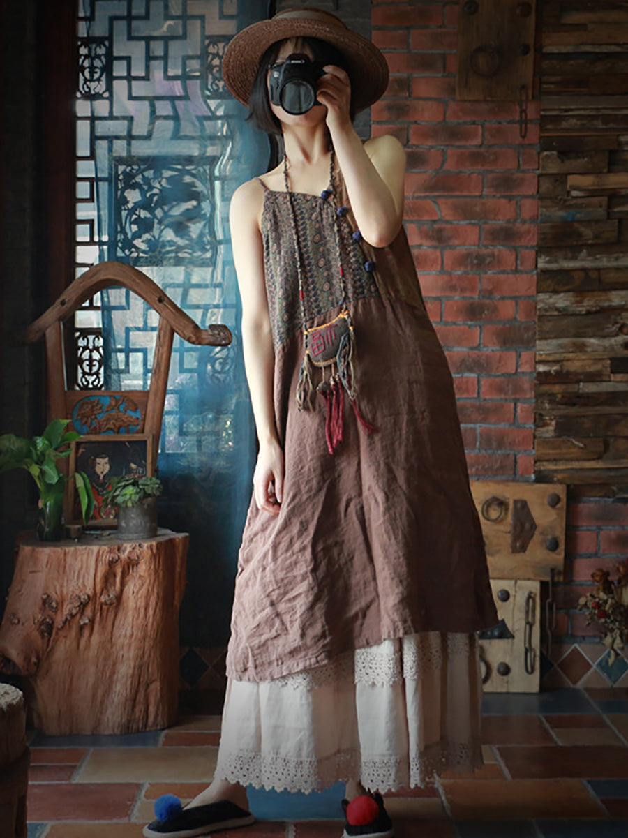 Women Vintage Print Print Spliced Linen Vest Dress