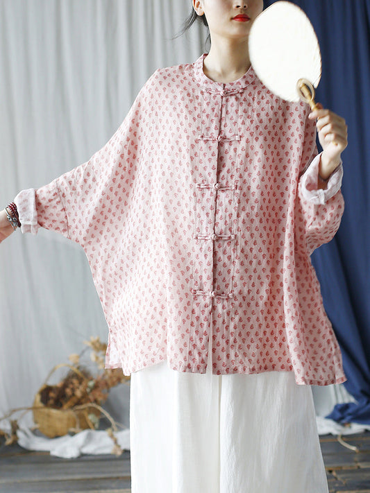 Women Summer Artsy Floral Button-up Ramie Shirt