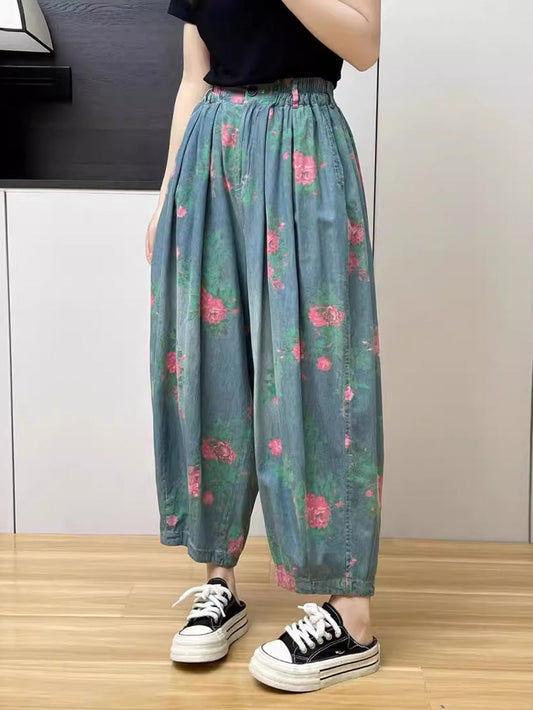 Women Summer Casual Flower Denim Harem Pants