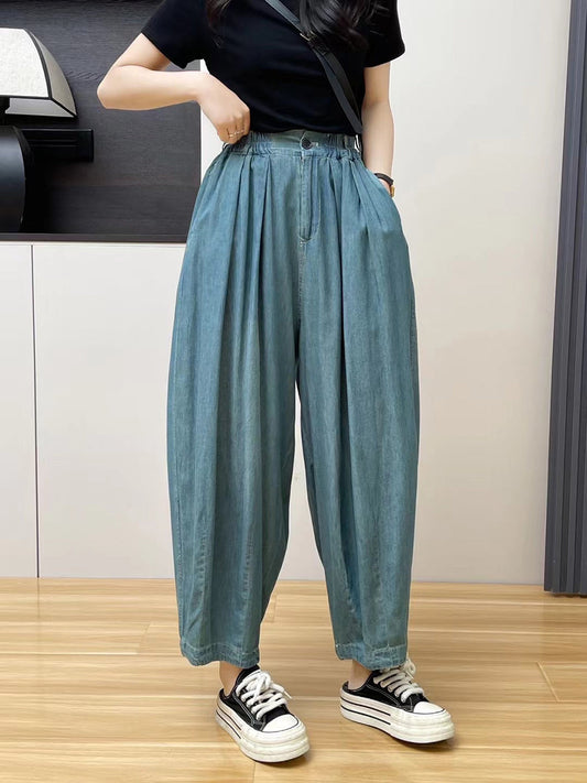 Women Summer Casual Flower Denim Harem Pants