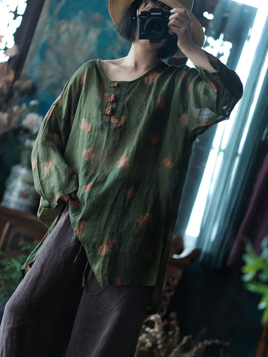 Women Summer Ethnic Flower Buckle Ramie Long Shirt