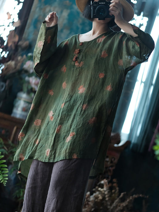 Women Summer Ethnic Flower Buckle Ramie Long Shirt