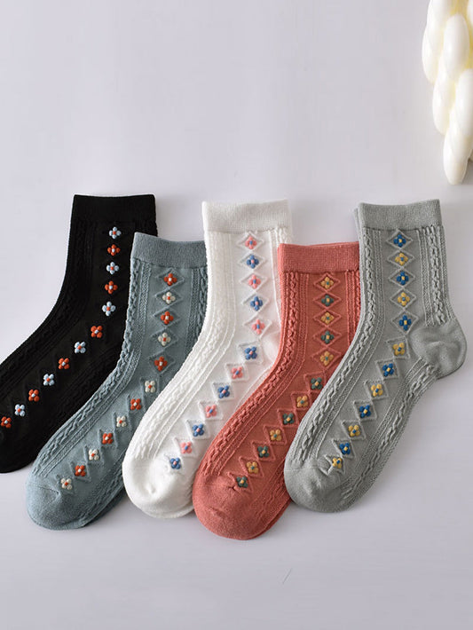 5 Pairs Women Casual Floral Embroidery Cotton Socks