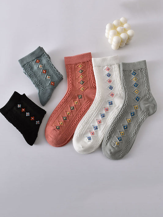 5 Pairs Women Casual Floral Embroidery Cotton Socks