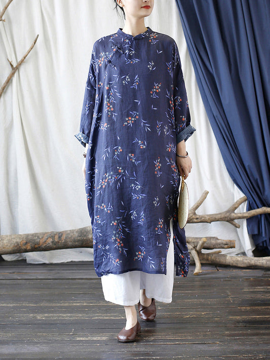 Women Ethnic Floral Split Hem Stand Collar Ramie Robe Dress