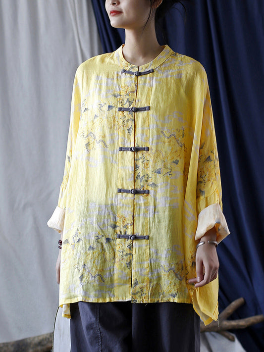 Women Summer Vintage Button-Up O-Neck Ramie Shirt