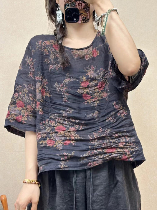 Women Summer Vintage Flower O-Neck Loose Ramie Shirt