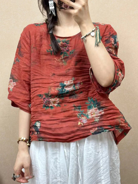 Women Summer Vintage Flower O-Neck Loose Ramie Shirt