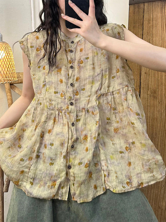 Women Vintage Floral Spliced Button Sleeveless Ramie Shirt