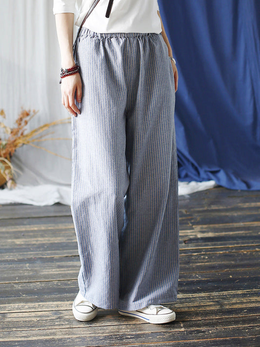 Women Summer Artsy Stripe Wide-leg Linen Cotton Pants