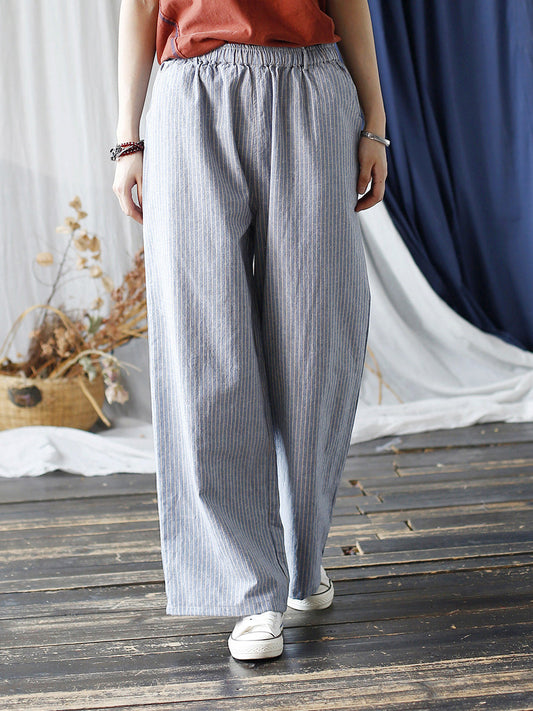 Women Summer Artsy Stripe Wide-leg Linen Cotton Pants