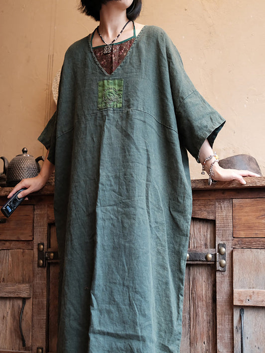 Women Summer Vintage Spliced V-Neck 100%Linen Dress