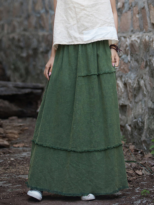 Women Summer Retro Solid Raw-edge Ramie Skirt