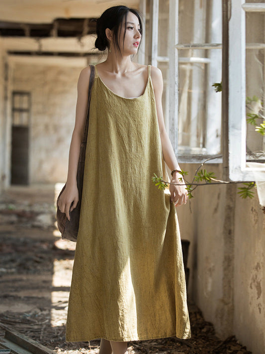 Women Summer Vintage Solid Loose Linen Cotton Vest Dress