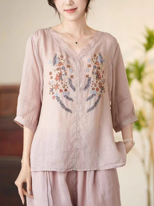 Women Summer Artsy Floral Embroidery V-Neck Ramie Shirt