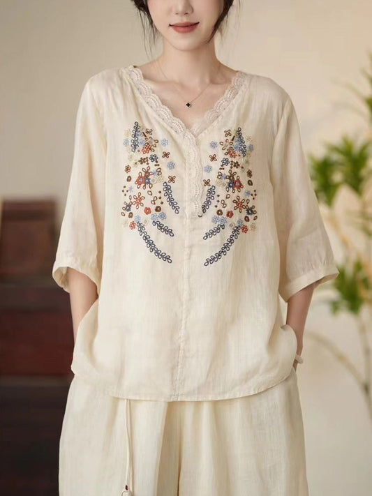 Women Summer Artsy Floral Embroidery V-Neck Ramie Shirt