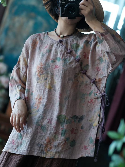 Women Summer Vintage Flower Strap Linen Shirt