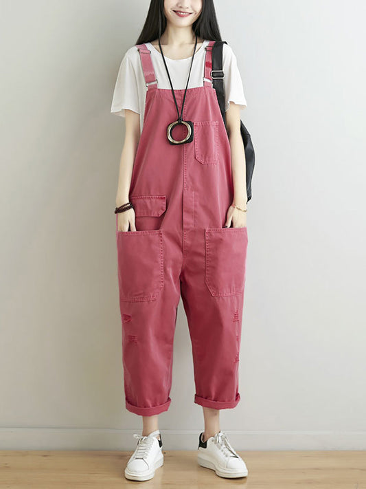 Women Casual Summer Frayed Solid Loose Jumpsuits