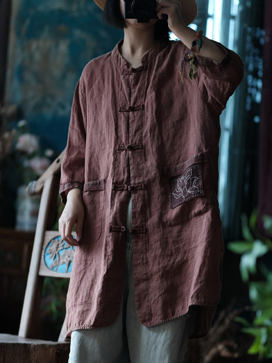 Women Summer Vintage Button-up Embroidery Linen Shirt Coat