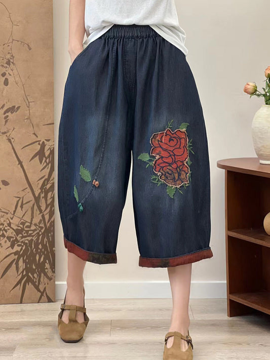 Women Summer Casual Flower Patch Denim Mid-claf Pants