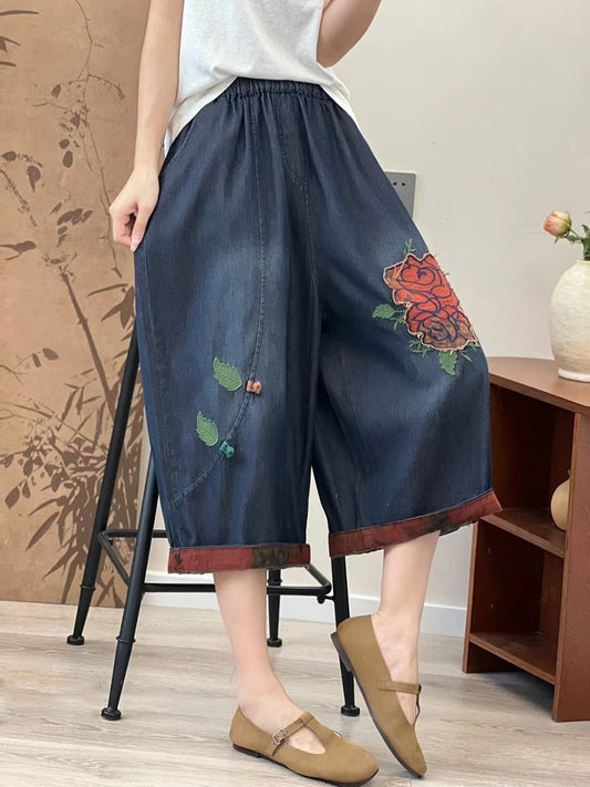 Women Summer Casual Flower Patch Denim Mid-claf Pants