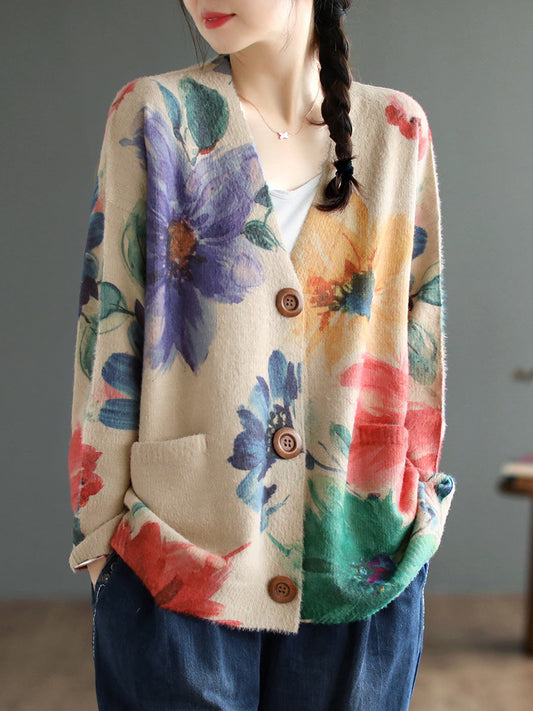 Women Autumn Flower Knitted V-Neck Cardigan Sweater