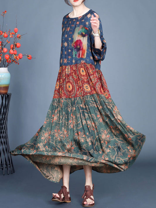 Women Summer Vintage Flower Spliced Maxi Dress