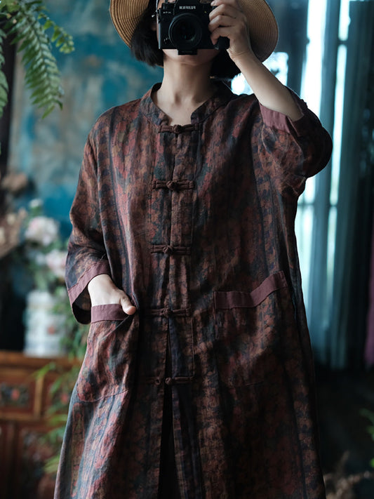 Women Ethnic Summer Flower Button-up Ramie Shirt