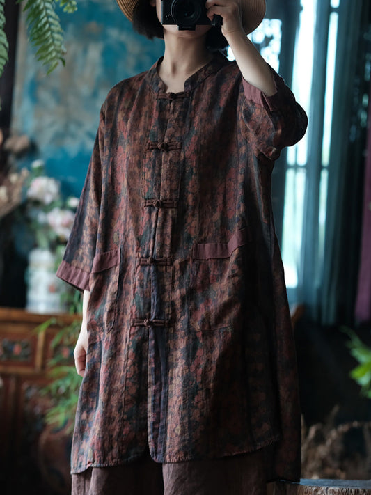 Women Ethnic Summer Flower Button-up Ramie Shirt