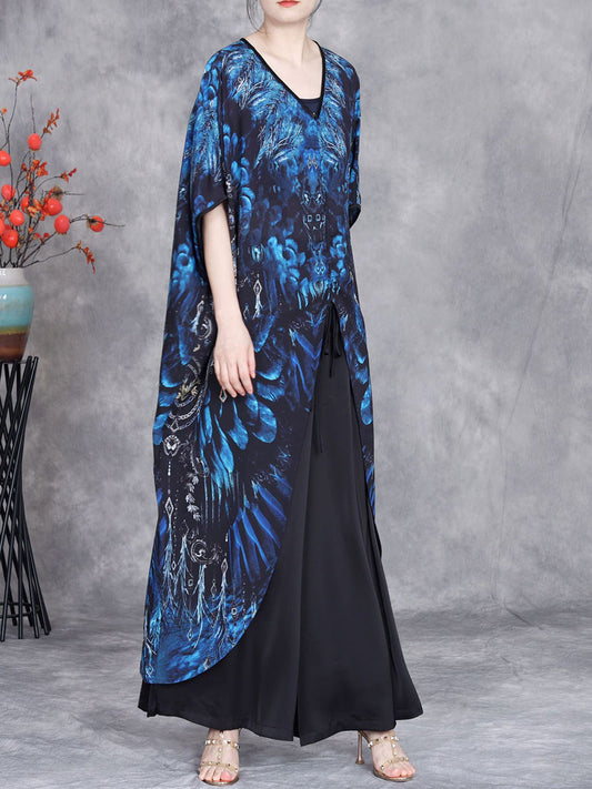 Women Artsy Summer Feather Print Spliced Strap Maxi Dress