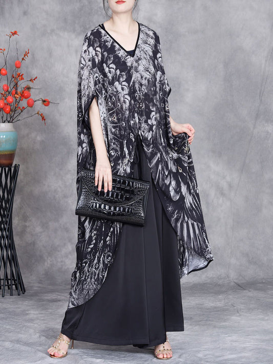 Women Artsy Summer Feather Print Spliced Strap Maxi Dress