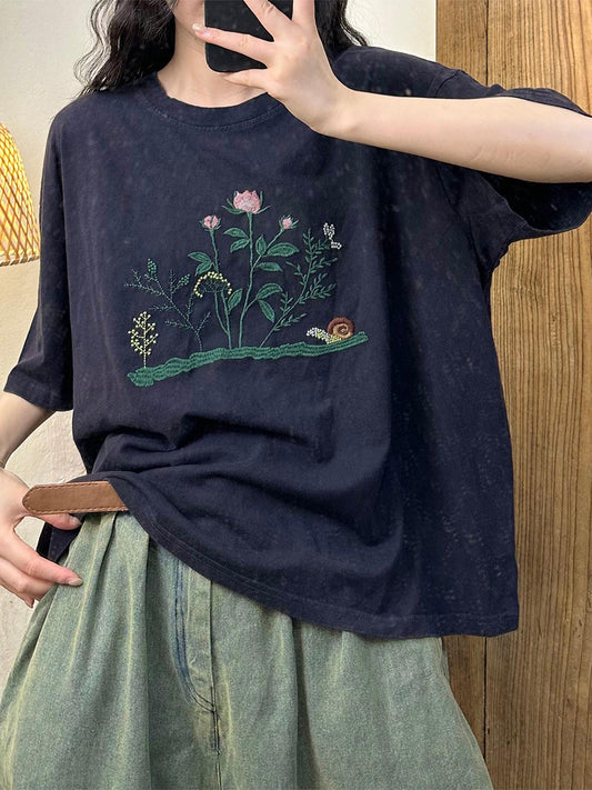 Women Summer Artsy Floral Embroidery O-Neck Cotton Shirt