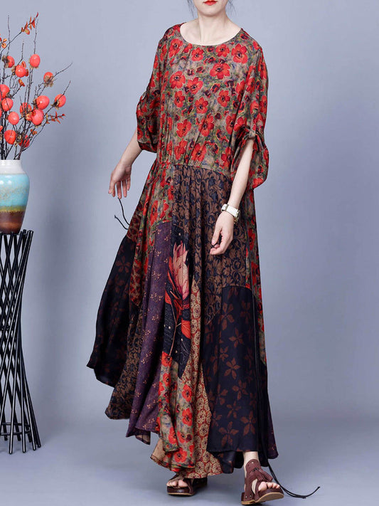 Women Summer Vintage Flower Irregular Spliced Dress