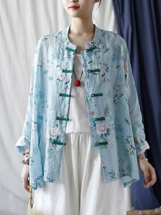 Women Summer Vintage Floral Button-up Ramie Shirt