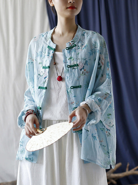 Women Summer Vintage Floral Button-up Ramie Shirt