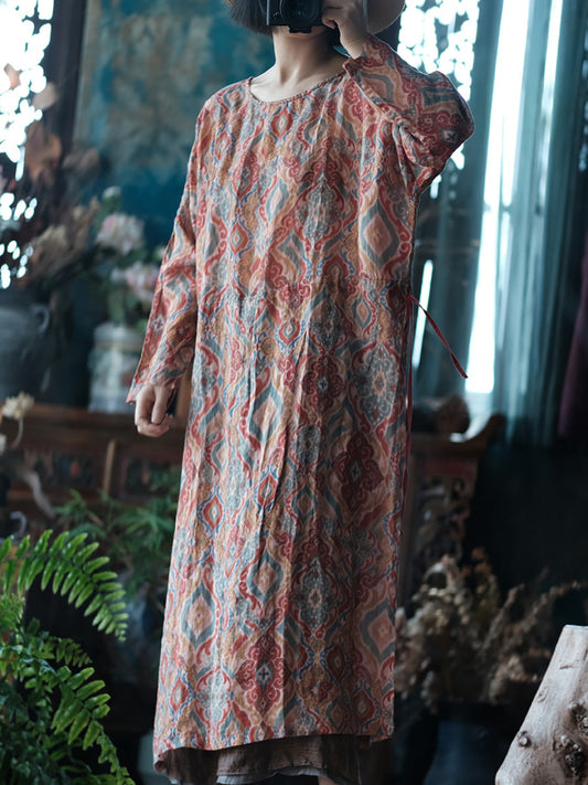 Women Vintage Print O-Neck Ramie Long Robe Shirt