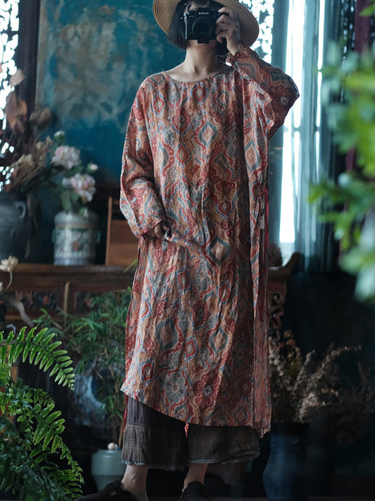 Women Vintage Print O-Neck Ramie Long Robe Shirt