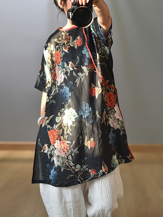 Women Summer Retro 100% Ramie Floral Print Shirt