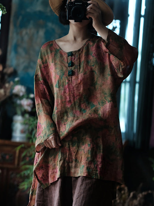 Women Summer Vintage Flower Loose O-Neck Ramie Shirt