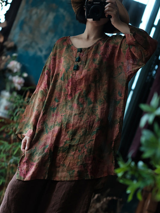 Women Summer Vintage Flower Loose O-Neck Ramie Shirt