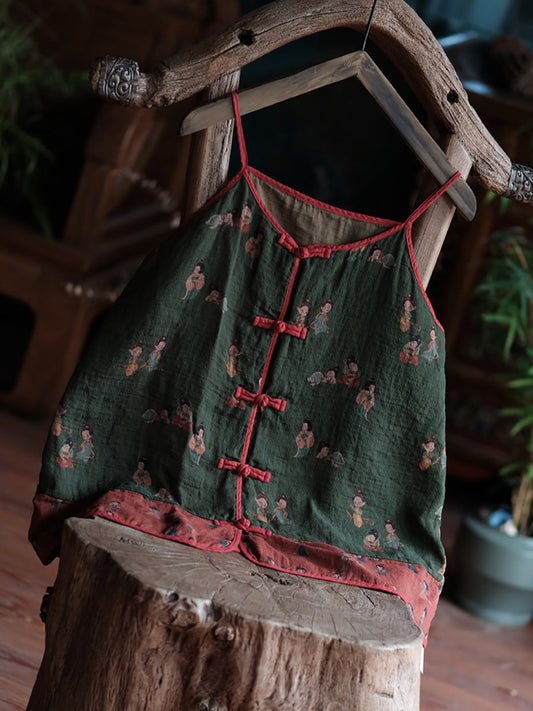 Women Vintage Summer Flower Colorblock Buckle Cotton Vest